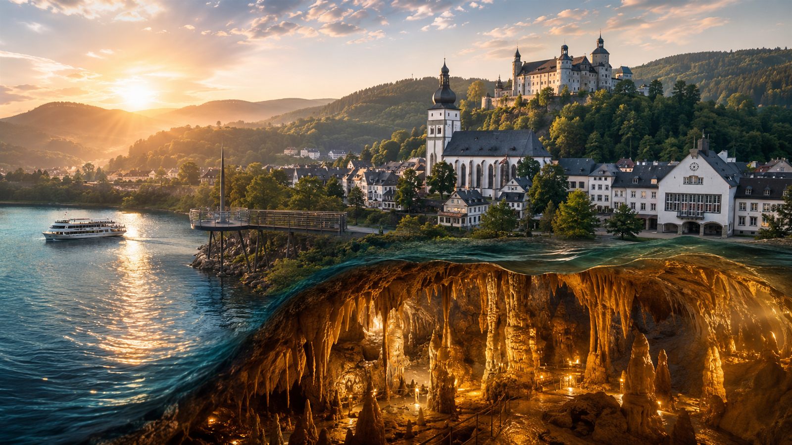 Sinnbild: Attendorn über der Wasserlinie, darunter eine leuchtende Tropfsteinhöhle — Heimat an der Oberfläche, Tiefe darunter.
