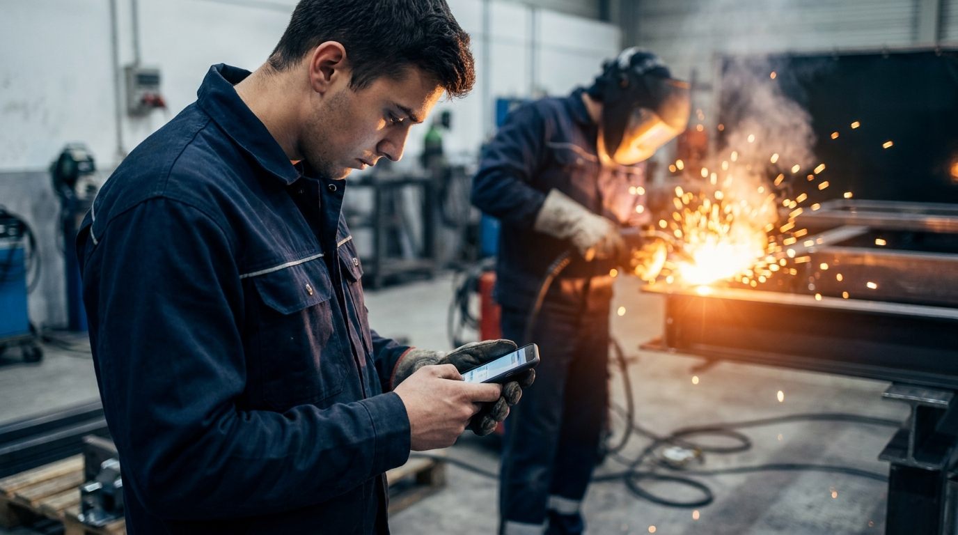 Schweißtechniker prüft in einer Fertigungshalle auf dem Smartphone MIG/MAG-Startwerte, im Hintergrund ein Schweißer beim Metallschutzgasschweißen mit Lichtbogen und Funkenflug