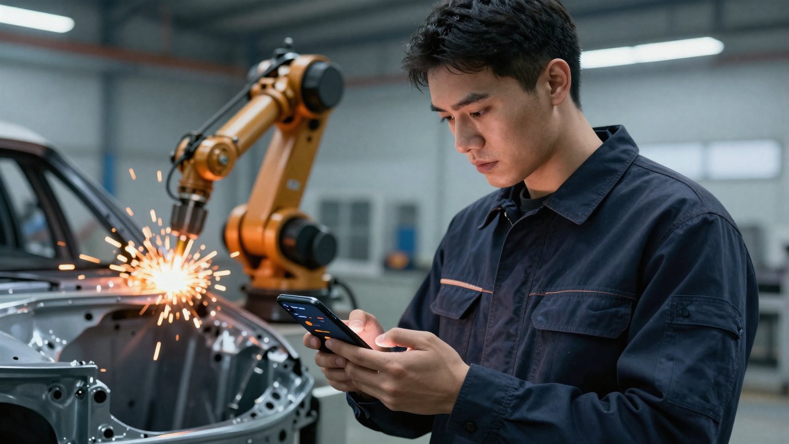 Schweißtechniker prüft in einer Fertigungshalle auf dem Smartphone Schweißparameter, im Hintergrund ein Roboterarm beim Widerstandspunktschweißen mit Funkenflug
