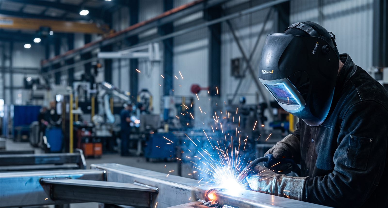 Schweißer beim MIG/MAG-Schweißen einer Stahlbaugruppe mit Funkenflug in einer modernen Fertigungshalle